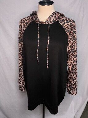Black Hoodie Tunic with Leopard Sleeves